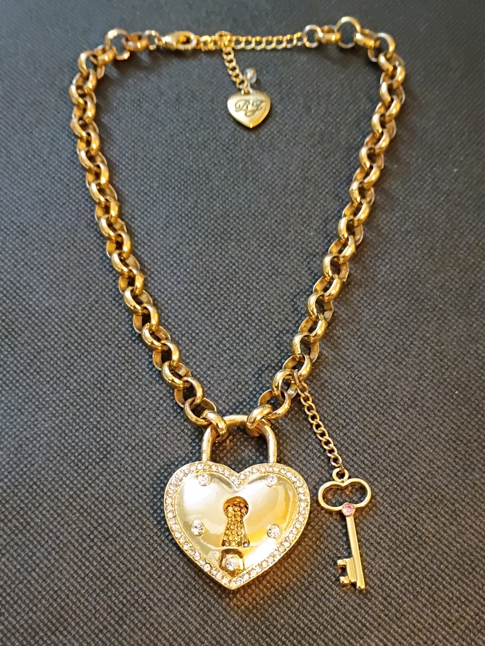Betsey Johnson Gold Heart Padlock Necklace with Key Charm